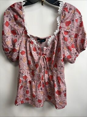 Alice Blue Pink Floral Lace-Trim Puff Sleeve Blouse